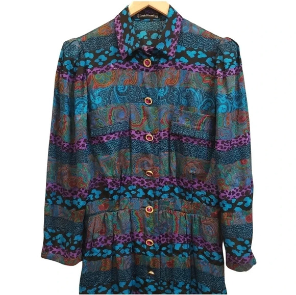 Louis Feraud 100% Silk Vintage Maxi Dress Long Sleeve Colorful Size US 12 - Picture 8 of 17